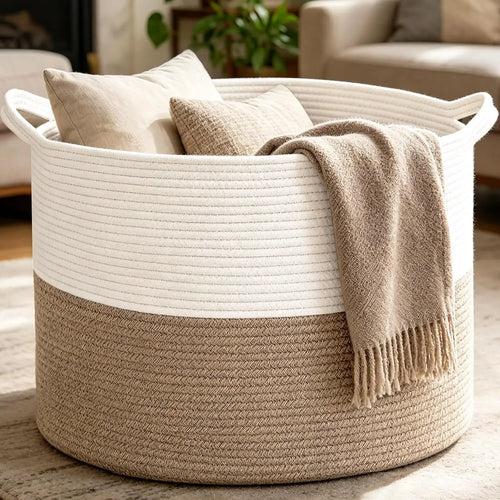 panier tissé coton beige gris moderne rangement jouets bébés chambre enfants poignées