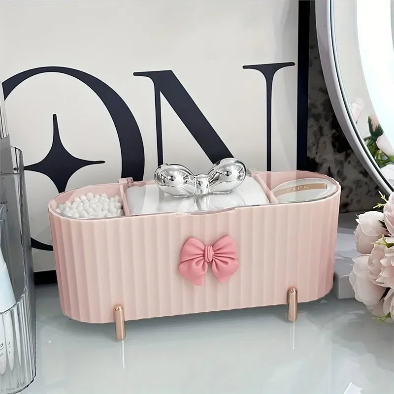 boîte rangement cosmétique moderne beiges rayures clips dorés brosse maquillage accessoires trousse poudre écouvillons