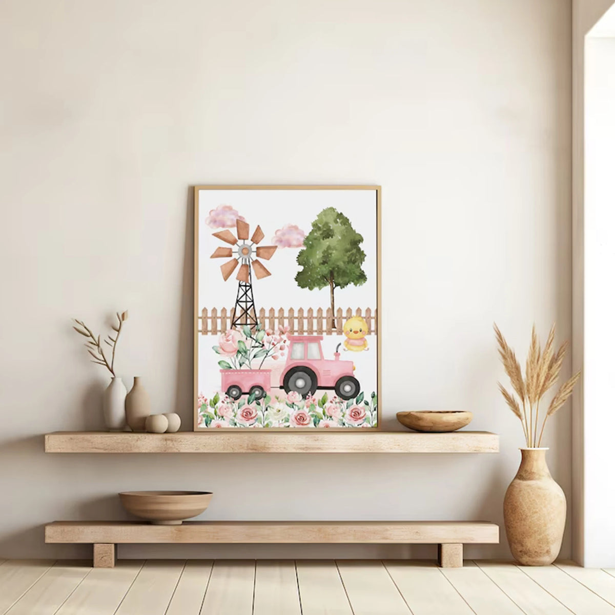 affiches illustratives animales deco murale chambre enfants rose verte blanc
