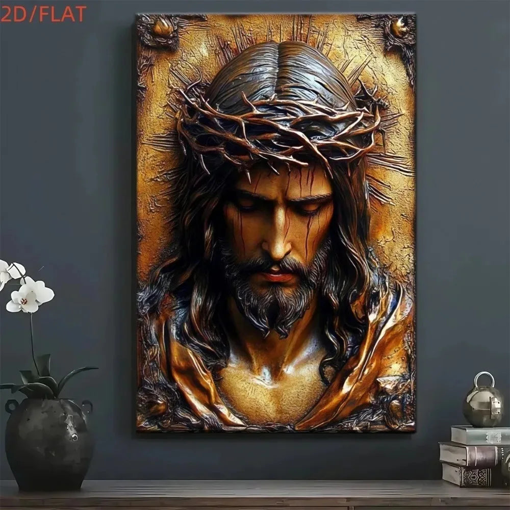 tableau décoratif réaliste portrait jésus doré noir sculpté couronne feuilles religieux