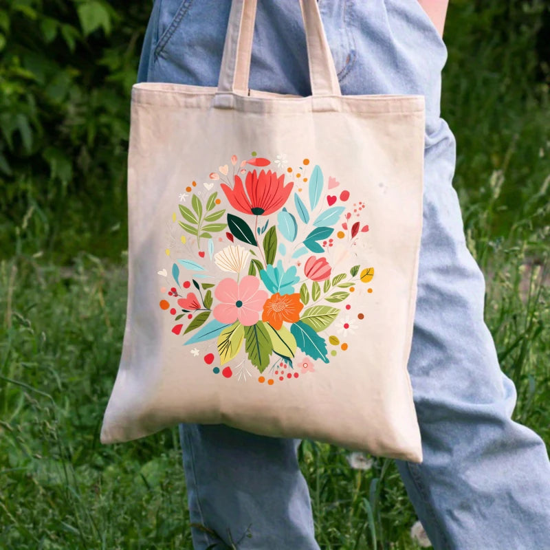 sac main toile floral fleurs colorées fond beige respectueux environnement multi usages