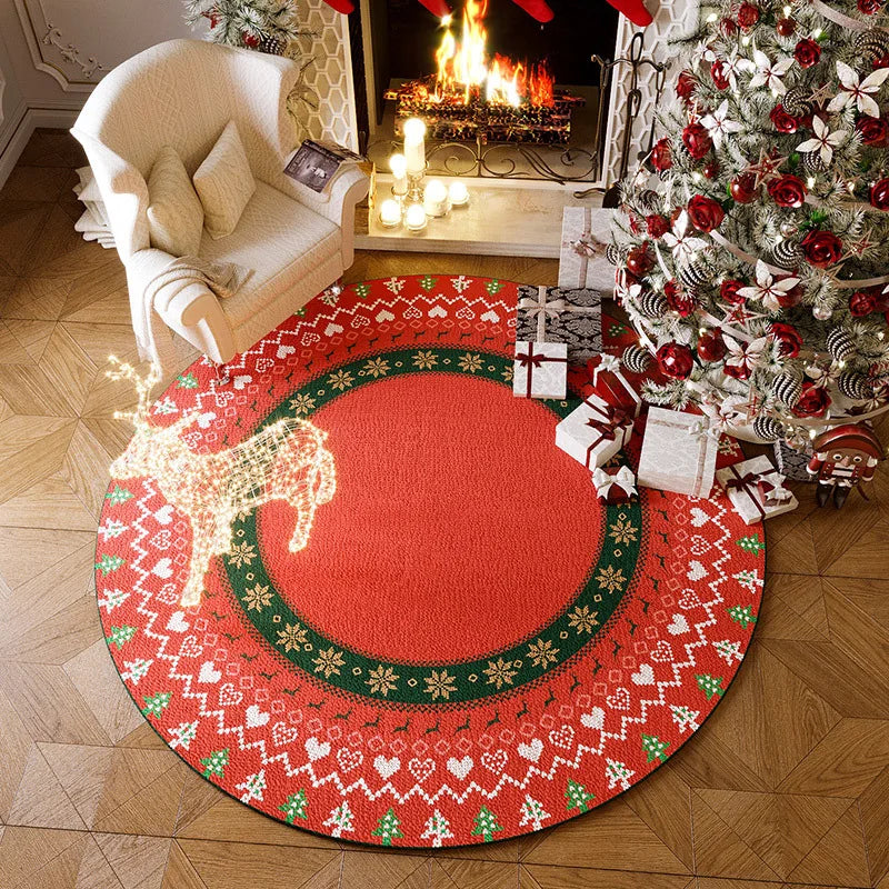 tapis sol rond noël arbre rouge cerf blanc décoratif festif maison salon intérieur