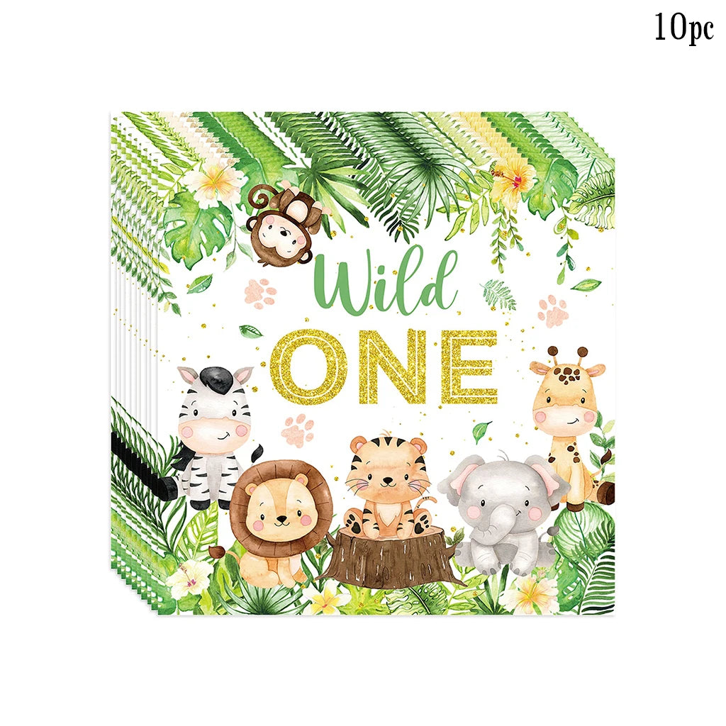 assiettes serviettes gobelets guirlande nappe animaux sauvages feuilles palmier lettrage wild one vert beige