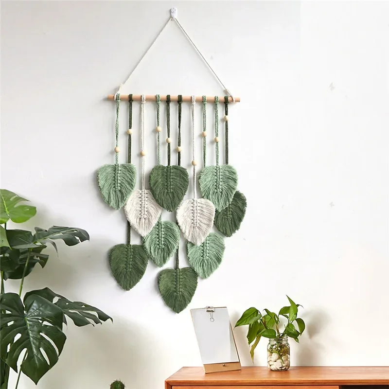 décoration murale boho vert feuilles macramé tissage crochet naturel chambre mariage