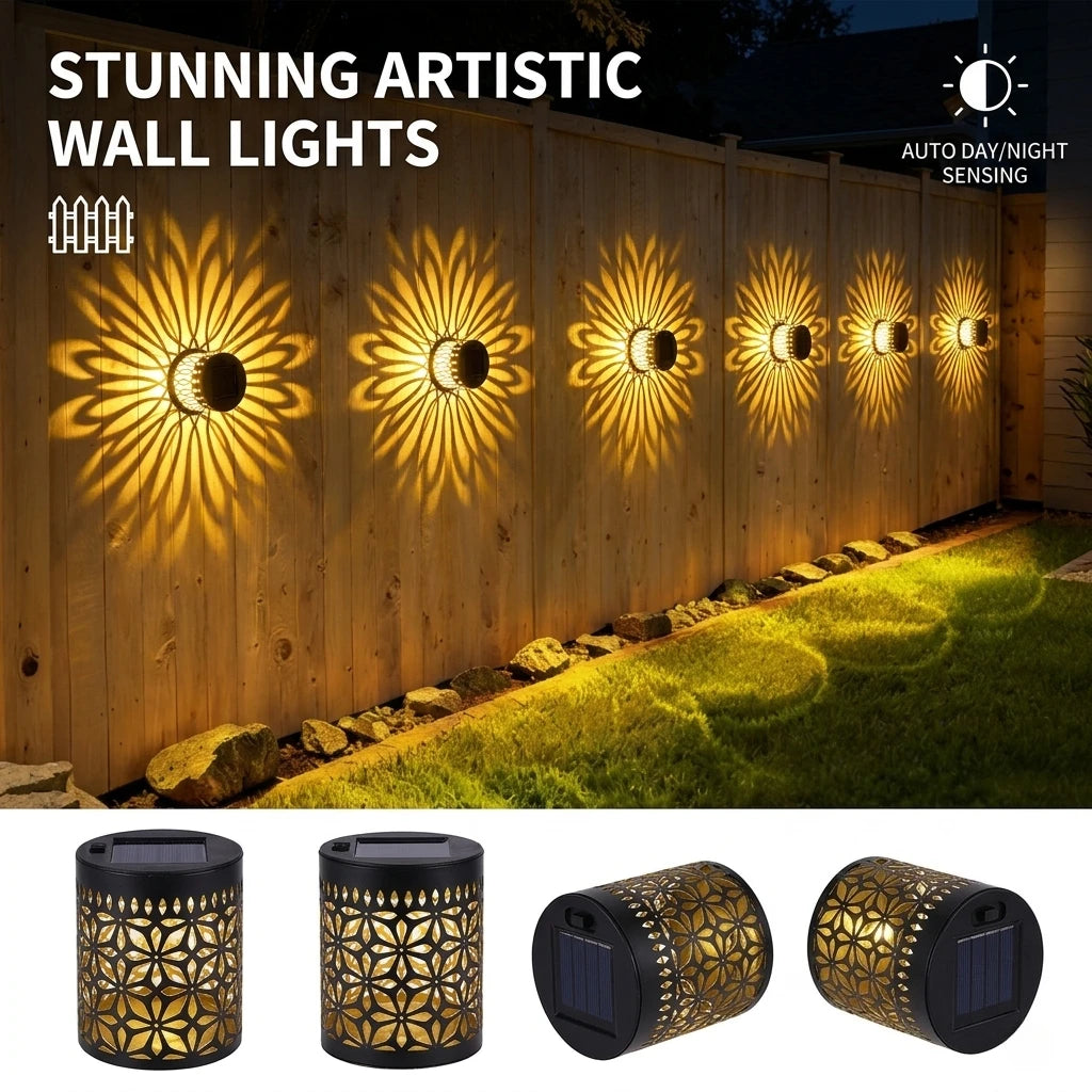 lanterne solaire vintage noire dorée ajourée ip65 led adhésive extérieure jardin patio