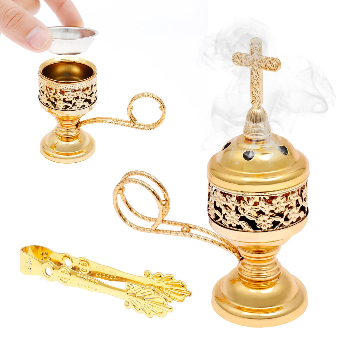 brûleur d'encens doré ornements floraux pince élégante aromathérapie maison pratique yoga spa