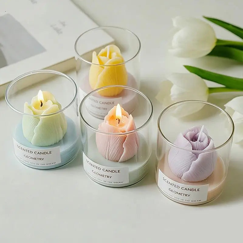 bougies parfumées verre transparent fleurs roses tulipes aromathérapie couleurs pastel boîte cadeau dorée
