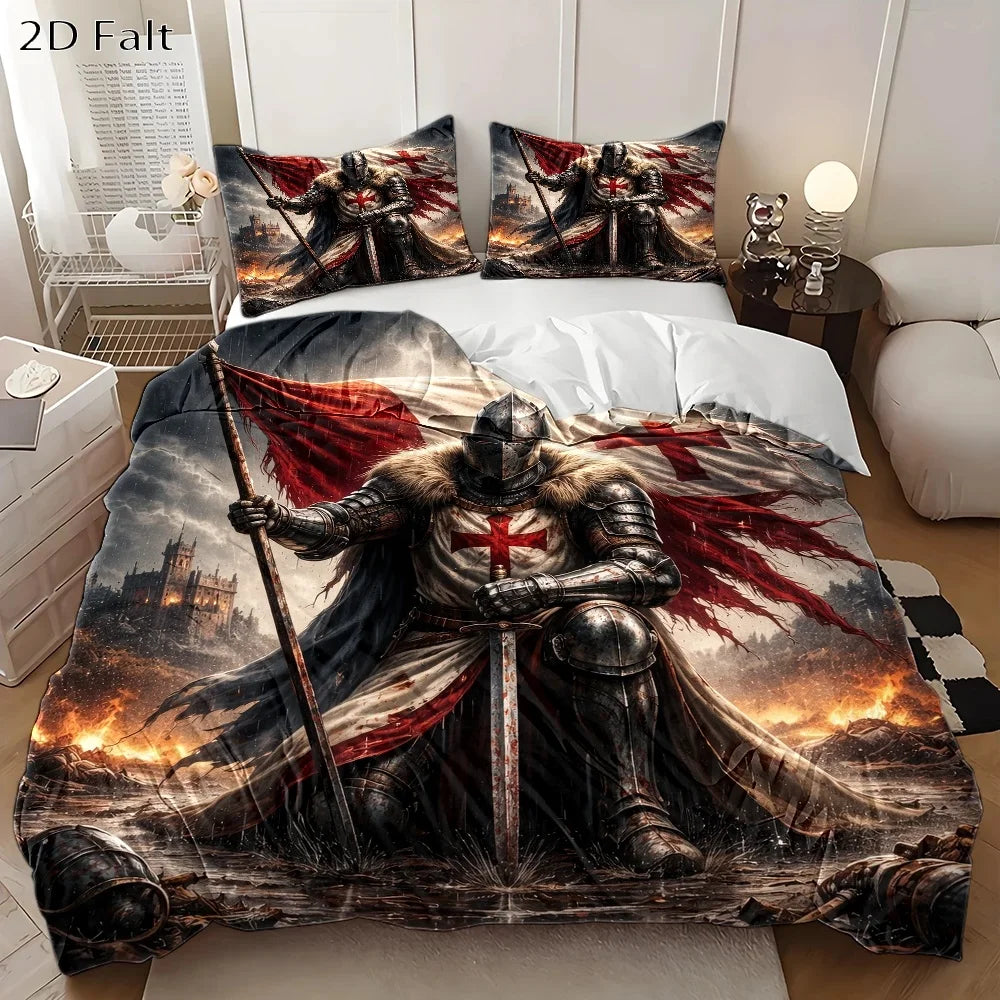 housse couette templier médiéval taies oreiller lit dessin animé chevalier bannières ruines flammes chambre