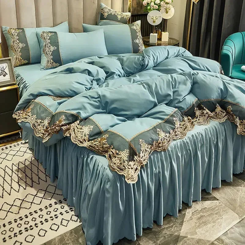 ensemble literie complet couvre lit bleu marine broderie dorée drap taies oreiller classique