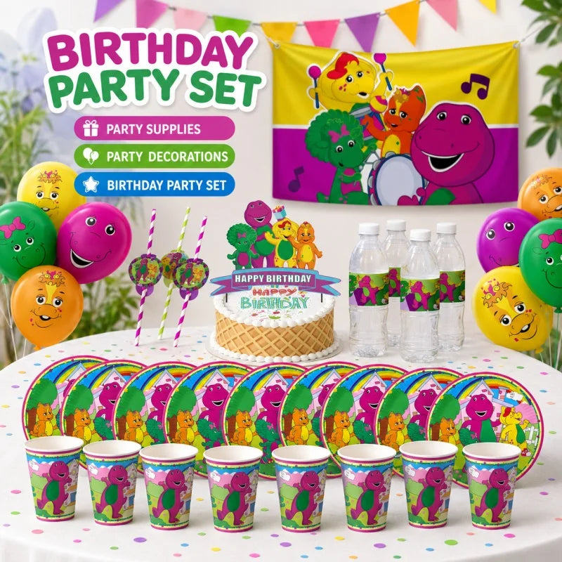assiettes dessin animé barney serviettes gobelets pailles multicolores fete anniversaire enfants