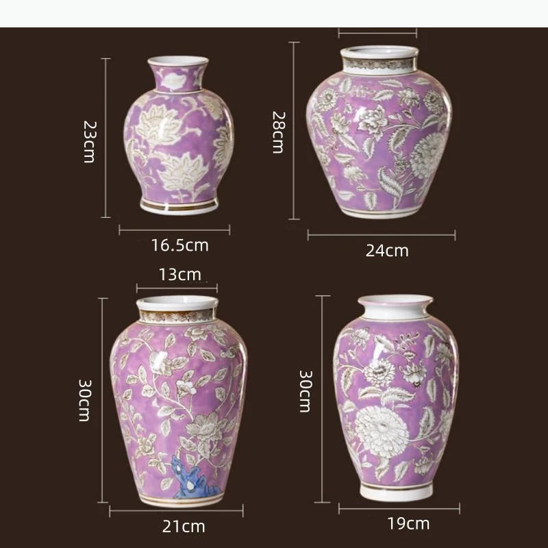vases chinois classiques violet blanc motifs fleurs vertes opaques arrangement