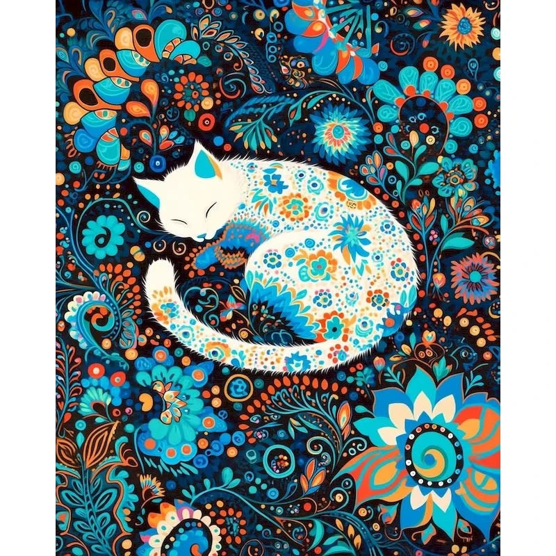 peinture l'huile numérique diy motif floral chat endormi décoration murale multicolore art abstrait