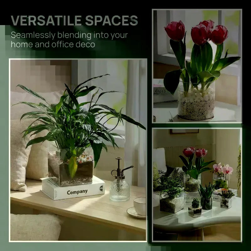 vase carré transparent acrylique moderne intérieur extérieur plante verte terre brune gravier blanc balcon