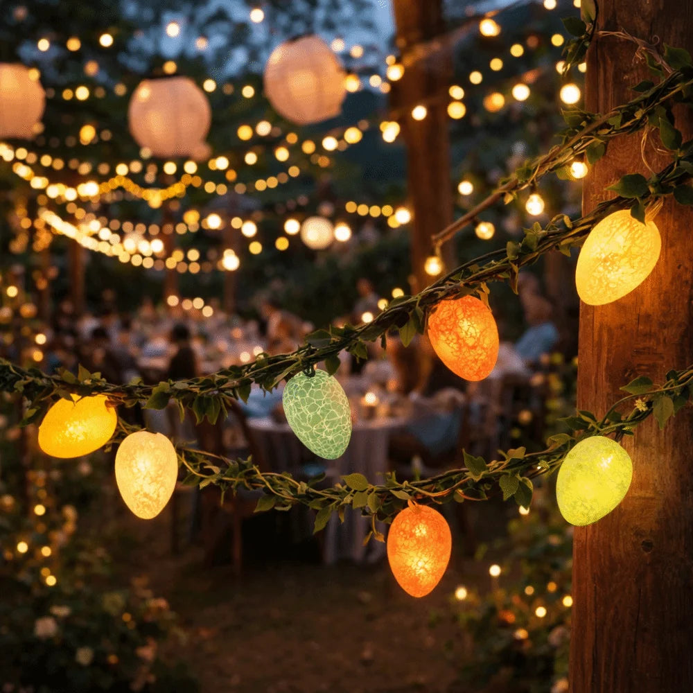 guirlande lumineuse led blanc jaune orange vert texture craquelée moderne pâques anniversaire noël festive