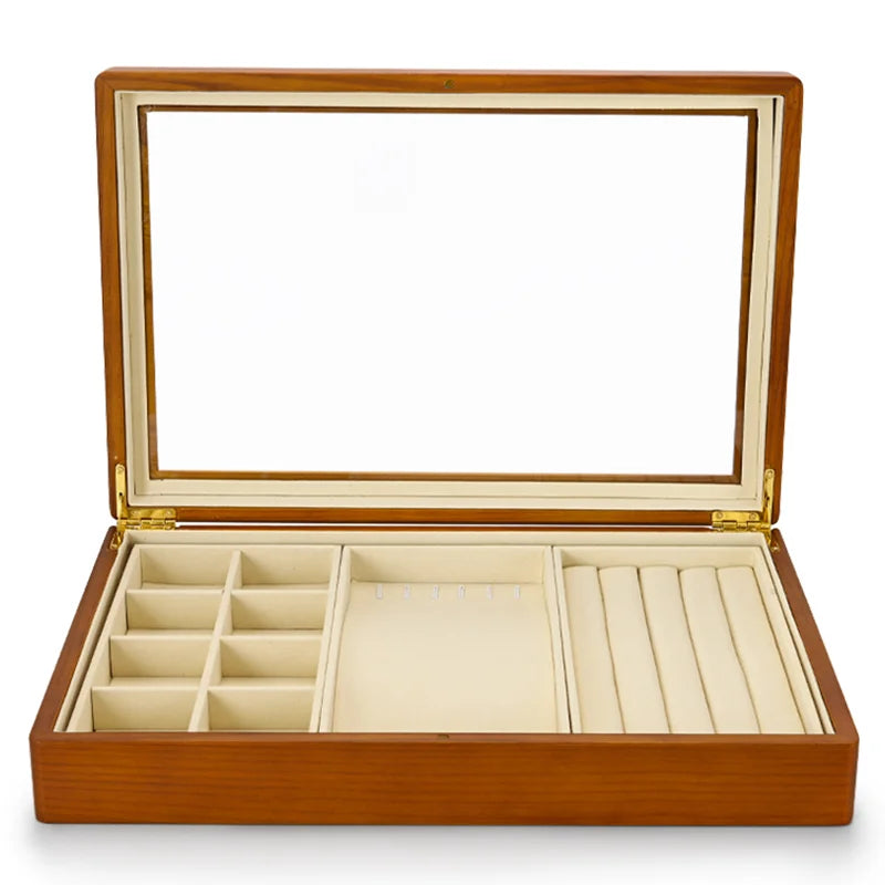 boîte bijoux bois marron clair intérieur beige simili cuir rangement display stackable organizer anneaux