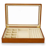 boîte bijoux bois marron clair intérieur beige simili cuir rangement display stackable organizer anneaux