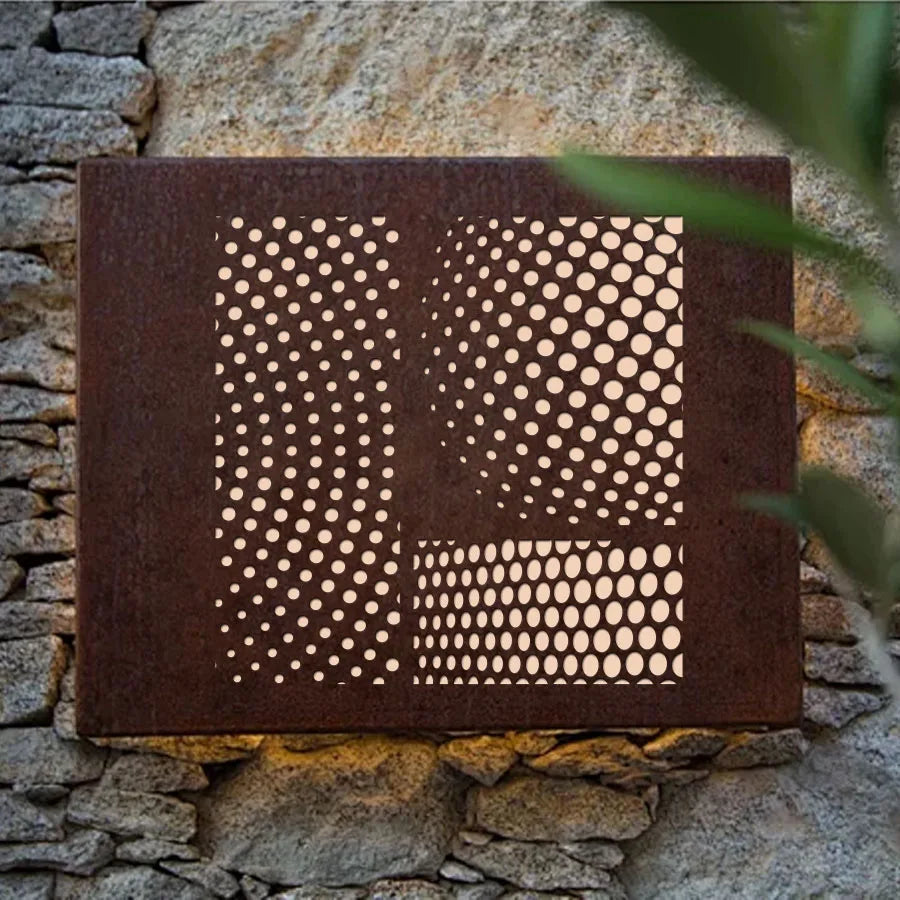 panneau décoratif moderne géométrique points réguliers blanc noir marron cadre bois fixations murales artisanat