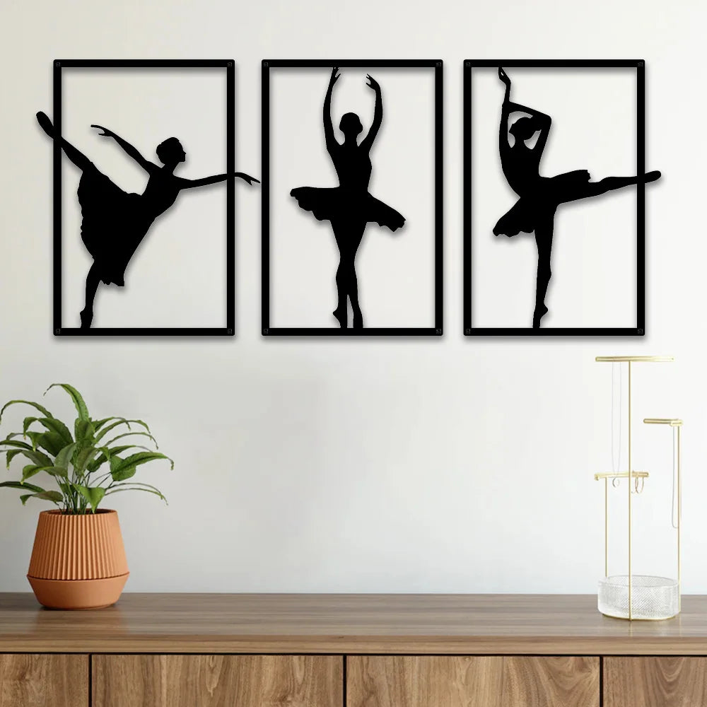 décoration murale silhouette danseuse pose classique art minimaliste noir métalintérieur chambre salon trois pièces