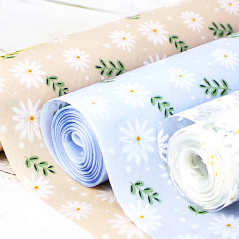 tapis sol decoratif eva beige bleu clair fleurs blancs feuilles vertes kitchen drawer mat