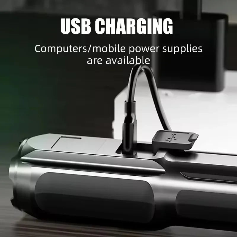 lampe torche led rechargeable usb zoom camping pêche extérieur étanche noire moderne