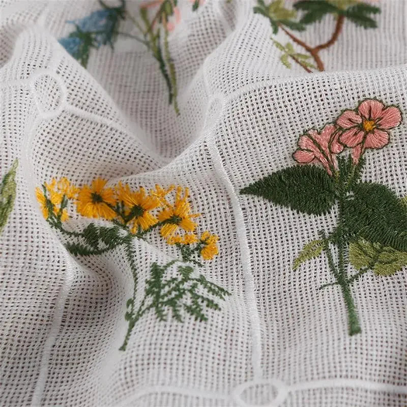 tissu dentelle brodé fleurs colorées polyester coton respectueux environnement largeur 125cm blanc jaune rose