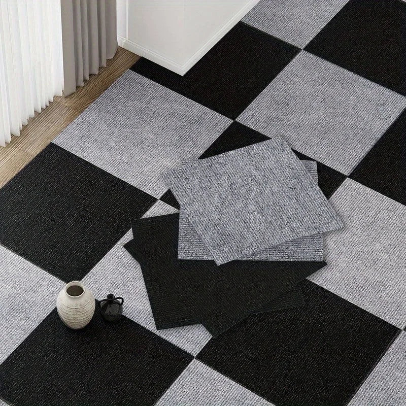 tapis auto adhésif moderne 30x30cm gris marron bleu marine carreaux noirs blancs salon chambre