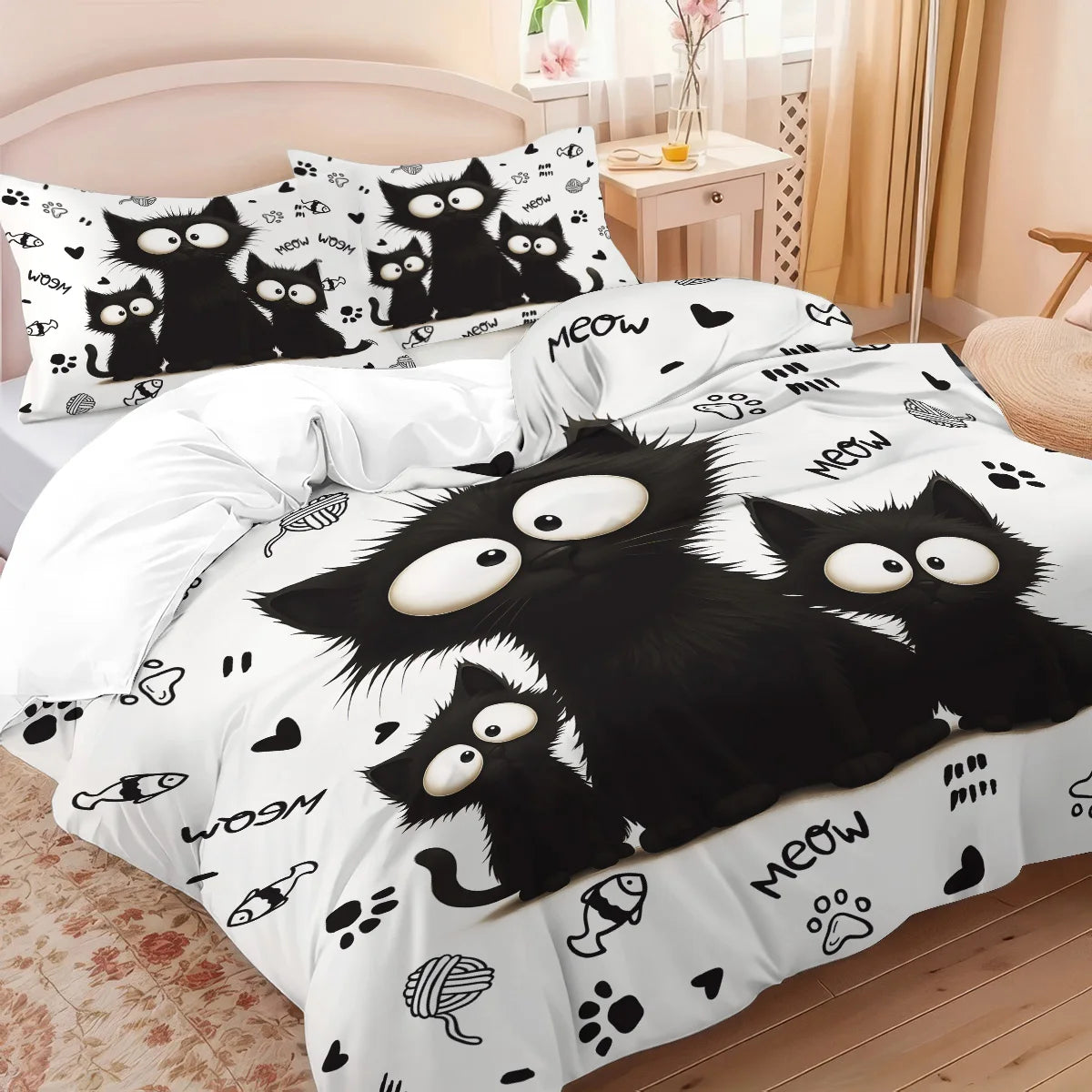 ensemble literie chatons noirs blanc noir poissons coeurs moderne pièces polyester machine
