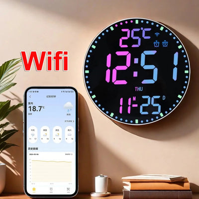 Horloge murale numérique WiFi LED en couleur or affichant température et date