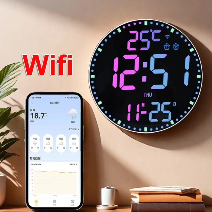 Horloge murale numérique WiFi LED en couleur or affichant température et date