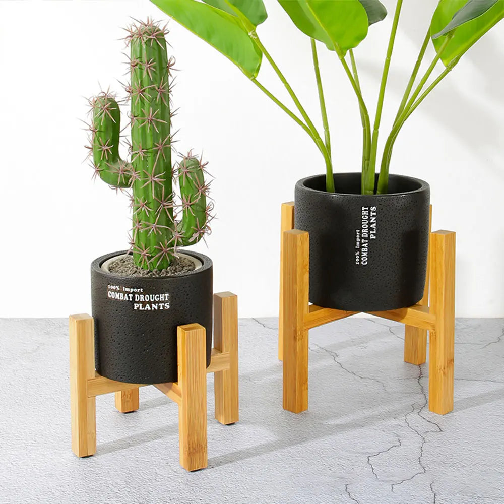 support plante bois naturel moderne pots géométriques minimalistes pieds renforcés