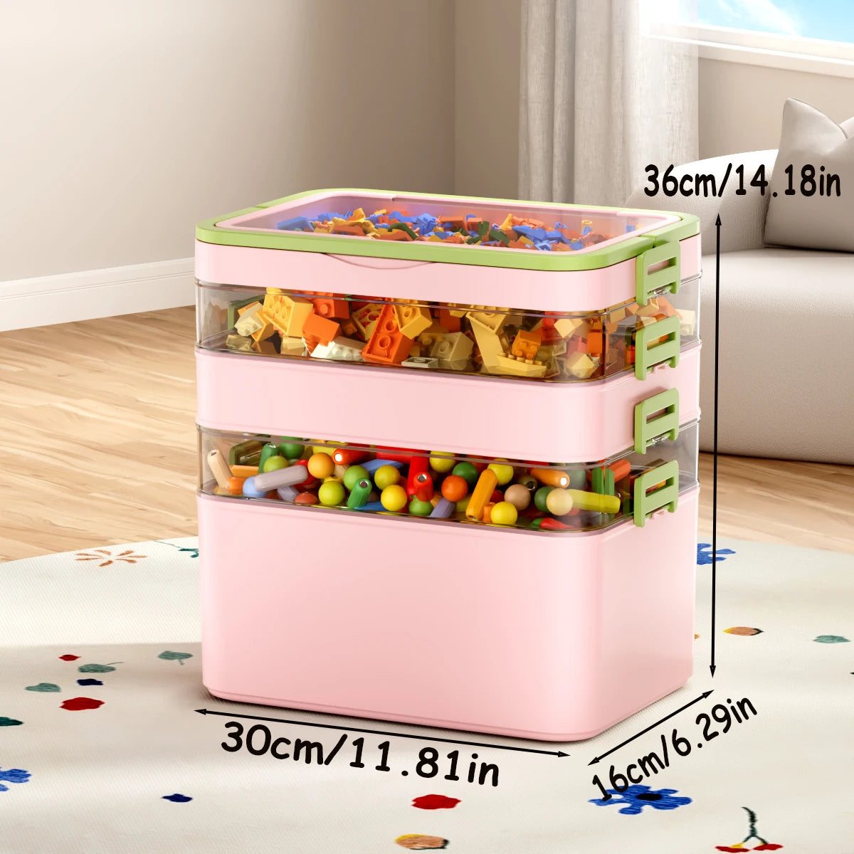 boîtes rangement transparentes empilables jouets colorés moderne poignées vert rose jaune