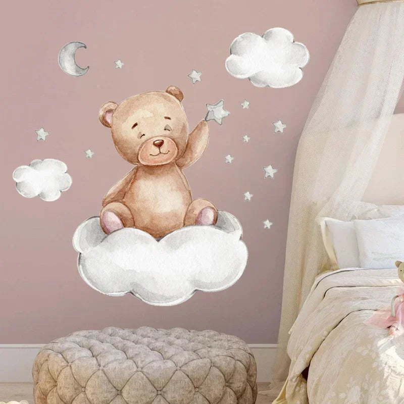 sticker mural dessin animé ours nuages étoiles enfant chambre opaque pvc 49x45cm marron gris