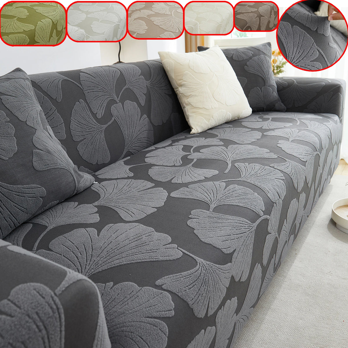 housse canapé moderne motif feuille gingko jacquard élastique protection salon gris vert