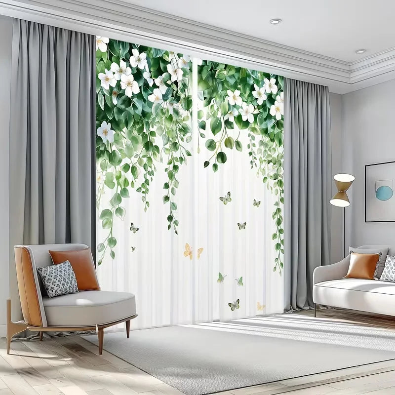 rideaux transparents vert blanc motifs fleurs papillons moderne fenetre polyester