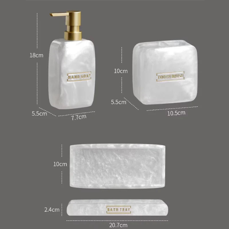 ensemble salle bain blanc or marbre moderne brosse dents savon pompe plateau rangement