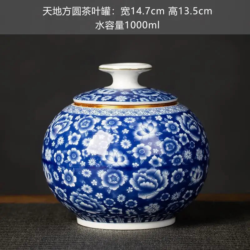 pot thé céramique bleu marine blanc fleurs dorées couvercle classique