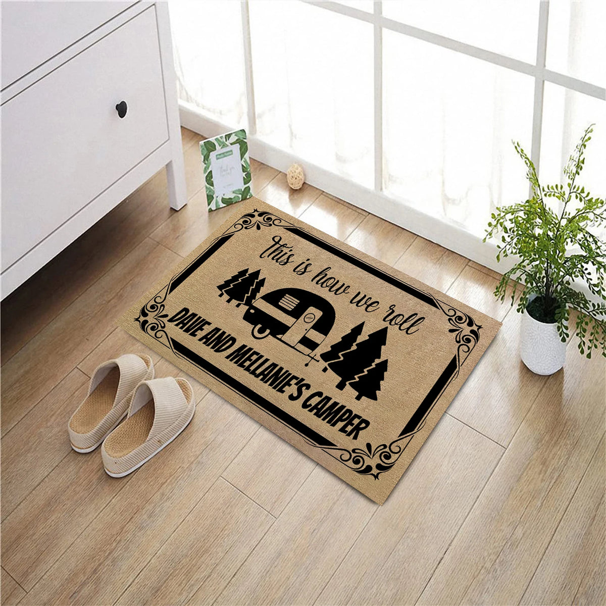 tapis d'entrée marron clair noir motif camping vintage antidérapant résistant extérieur intérieur