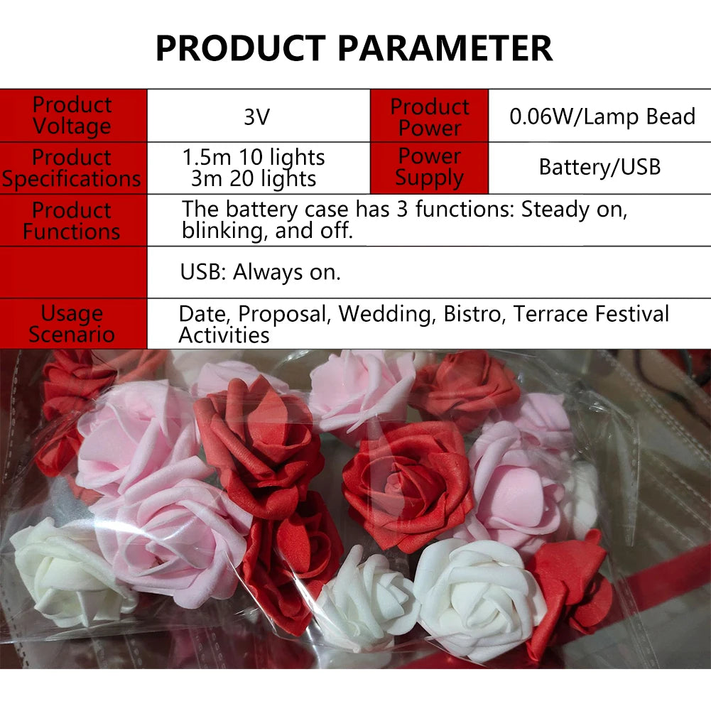guirlande lumineuse roses décoratives blanc rose rouge adhésive éclairée USB batterie festive