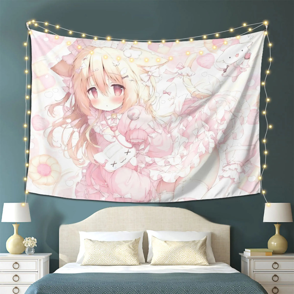 tapisserie anime fille motifs floraux animaux rose blanche verte décoration chambre salon