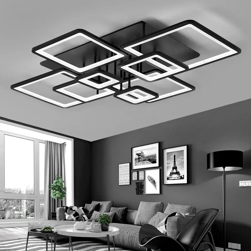 plafonnier moderne acrylique led noir géométrique contemporain suspension lumineuse cascade carrés