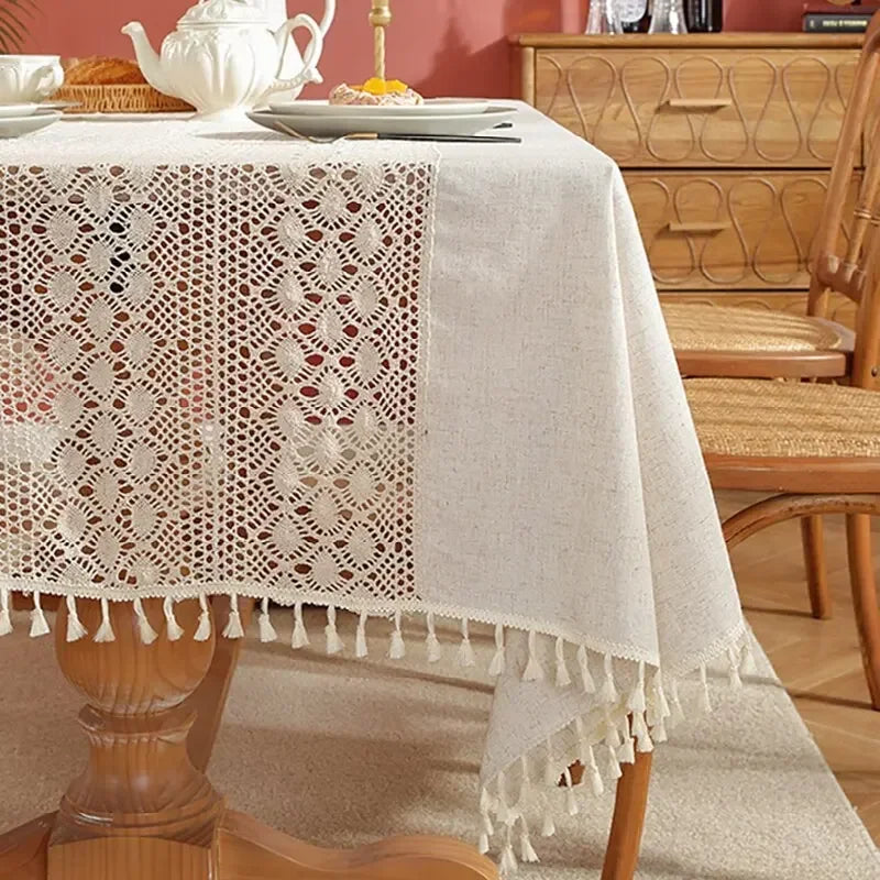 nappe table rectangulaire beige clair rustique boho chic tissée motifs franges