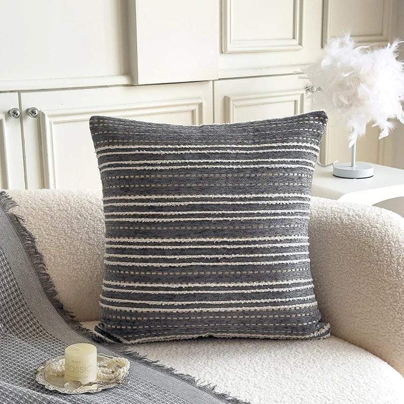 housse coussin rayé polyester 45x45cm moderne blanc beige gris vert chambre