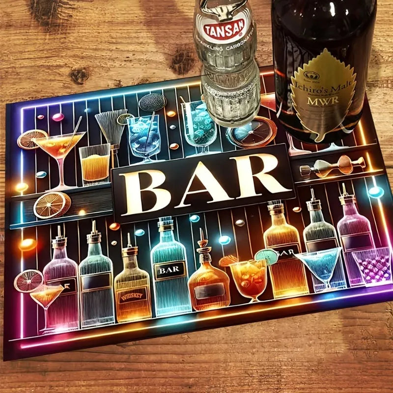 tapis bar moderne multicolore motif bouteilles cocktails fruits adhésif rapide absorbant respectueux environnement