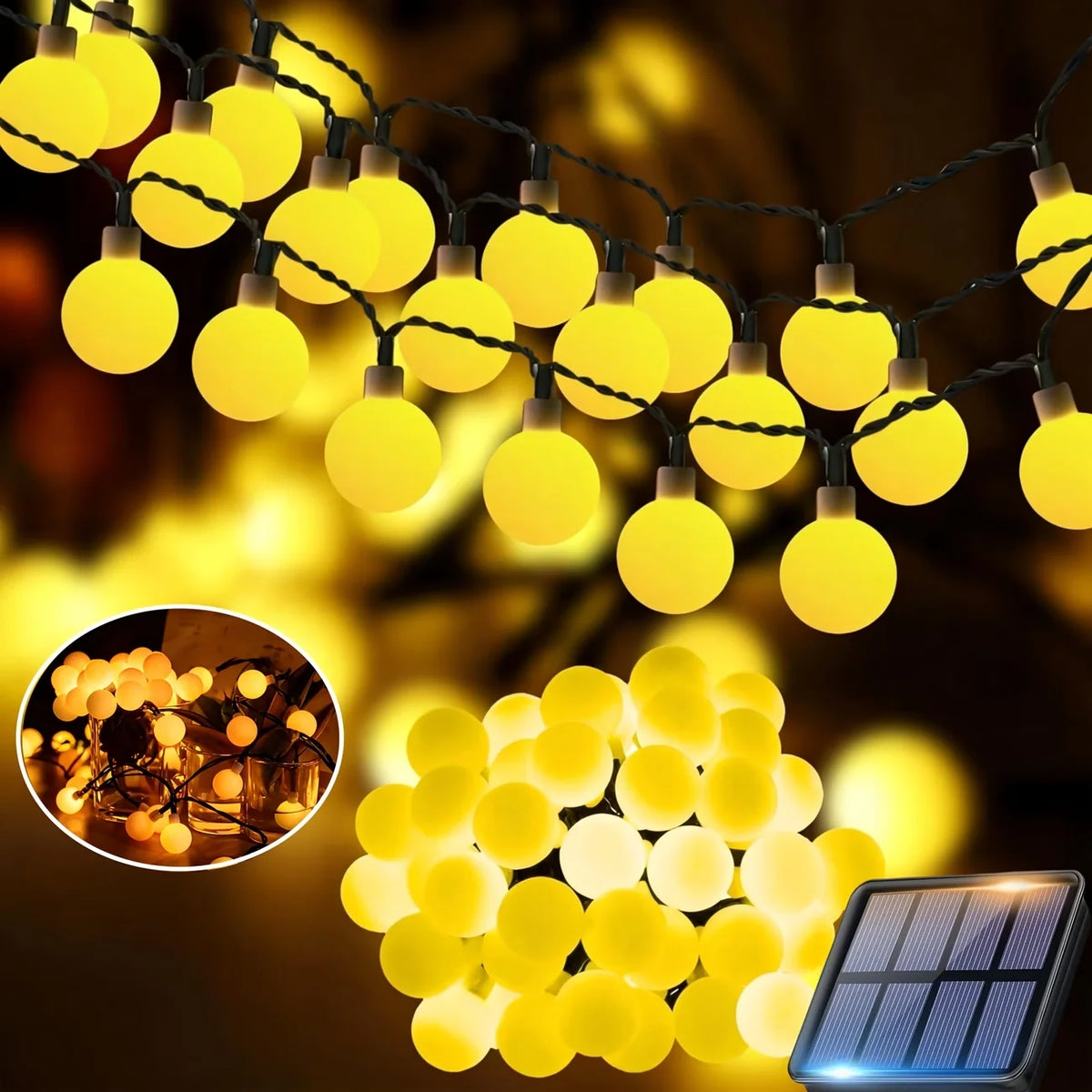 guirlandes lumineuses solaires led jaune orangé boules rondes patio jardin decoration nocturne modes auto