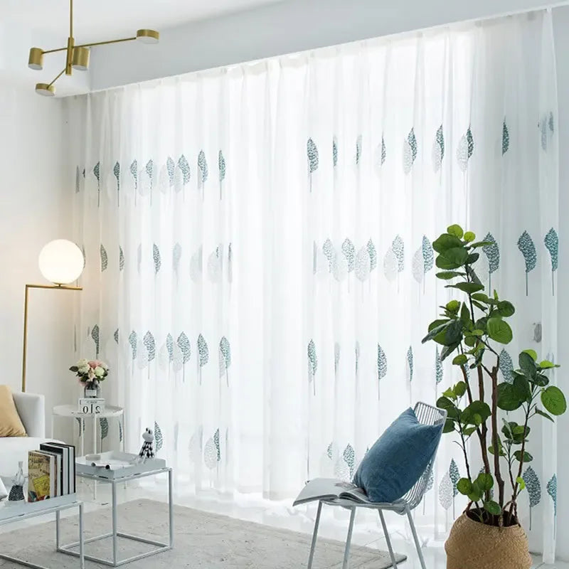 rideau moderne feuilles stylisées blanc vert clair transparent polyester chambre salon