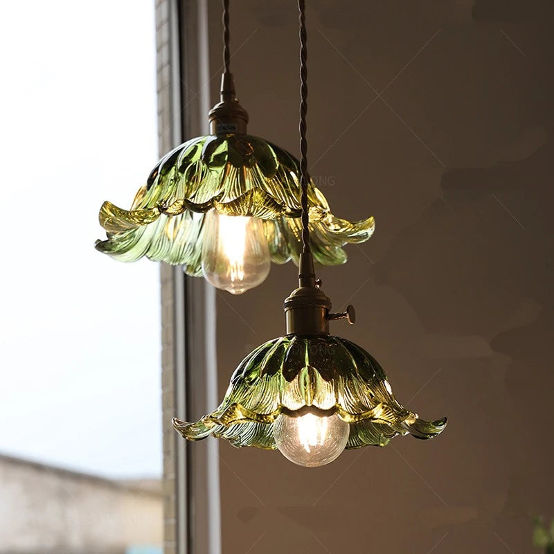lampe suspendue verte fleur transparent vintage ampoule chaîne interrupteur chambre restaurant exposition