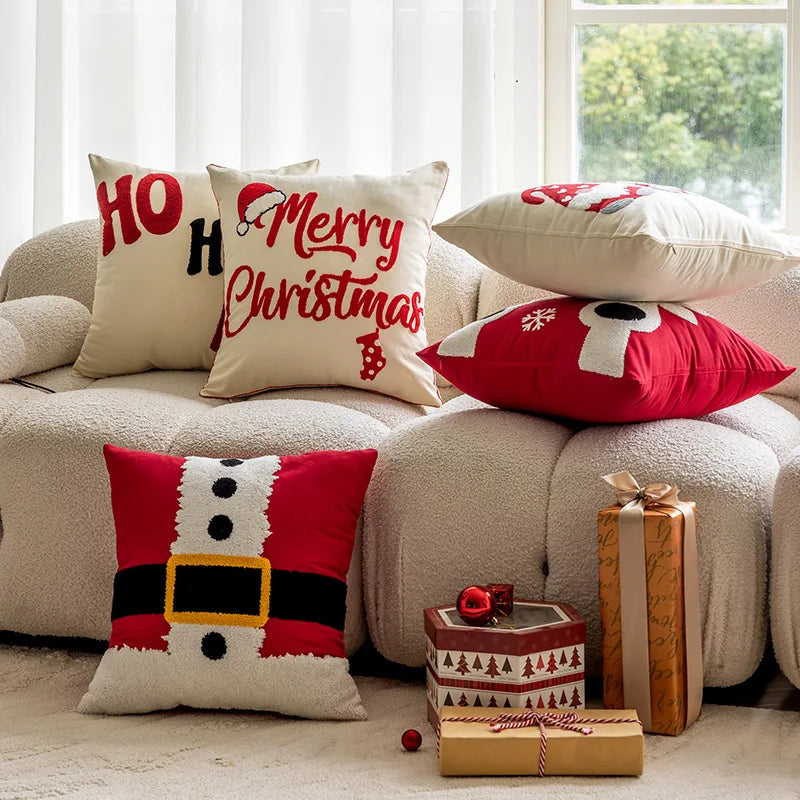 housses coussins brodées noël rennes neige opaques nordique rouge blanc gris festive