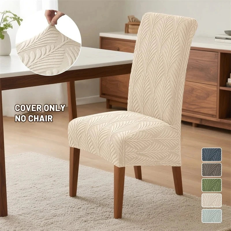 housse chaise beige feuilles stylisées élastique moderne anti poussière polyester spandex longueur dos chambre