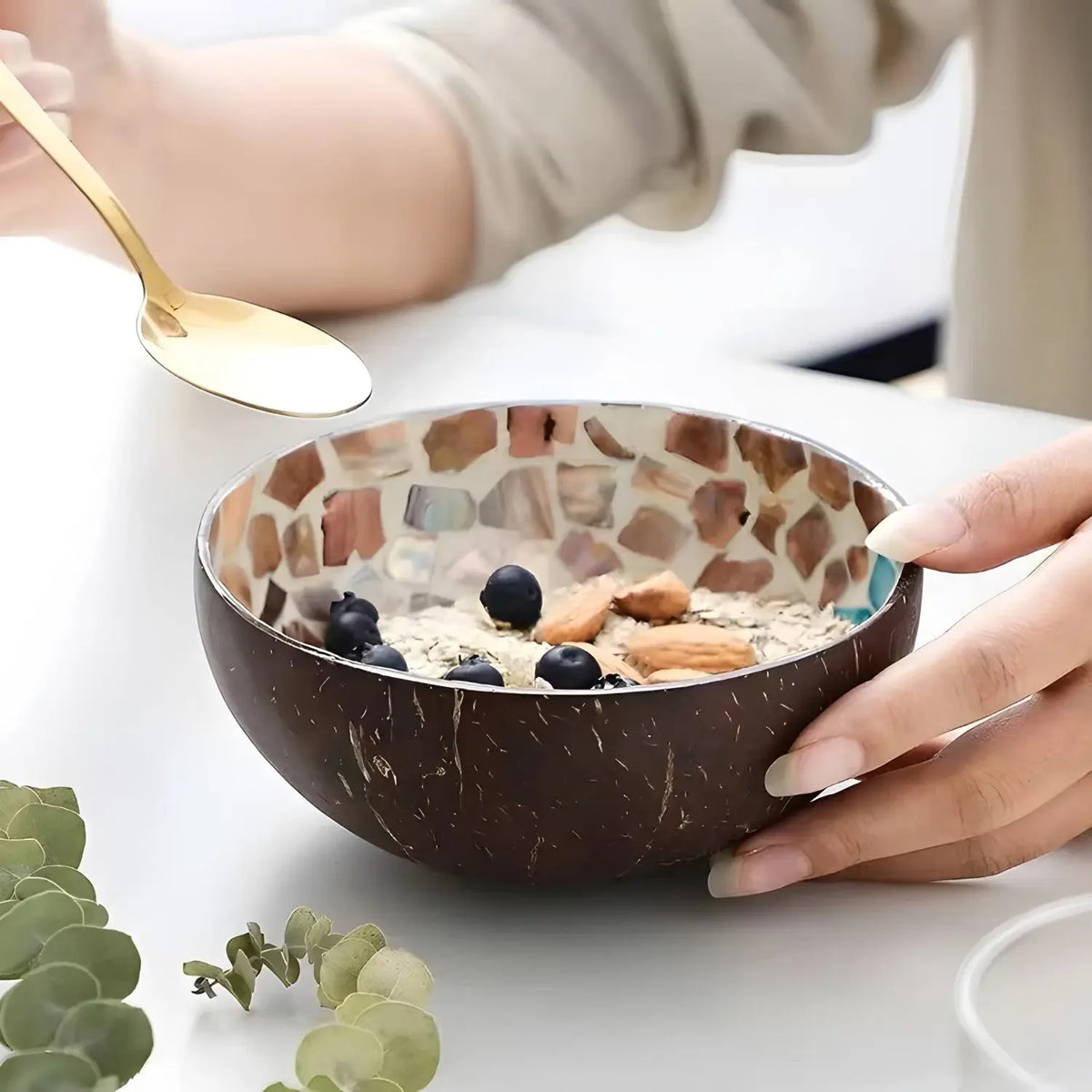 bol décoratif coquille coco artisanal mosaïque bois rangement bijoux clés maison