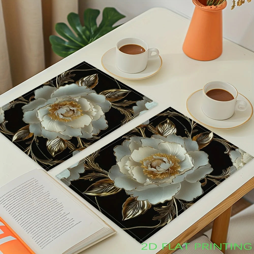 tapis table fleur blanche dorée fond noir classique élégant cuillère tasse livre vase